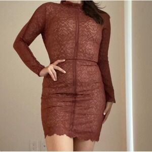 NWT! Wilfred Aritzia Janvry Lace Mock Neck Mini Dress Cider Long Sleeve Size 4